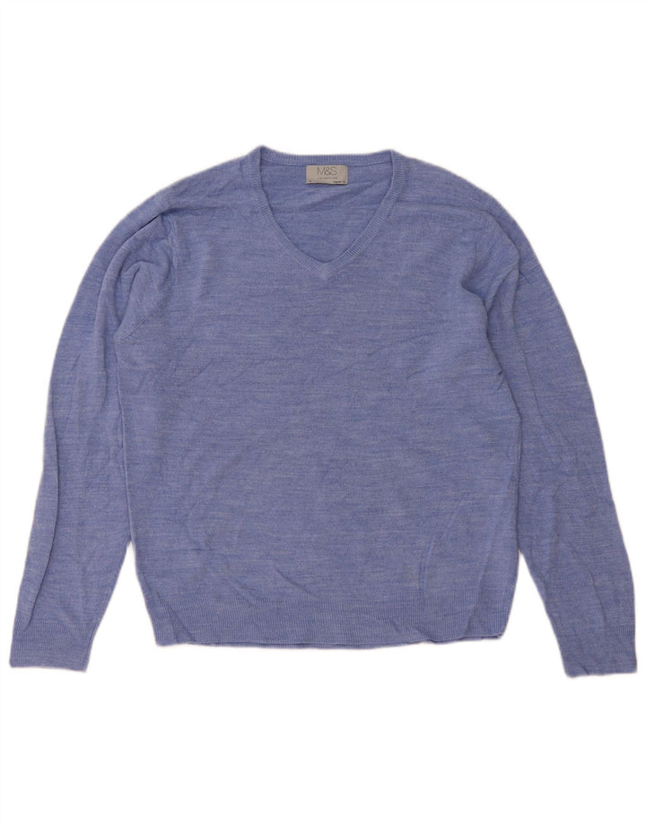 Suéter masculino Marks & Spencer com ajuste regular e decote em V acrílico azul médio