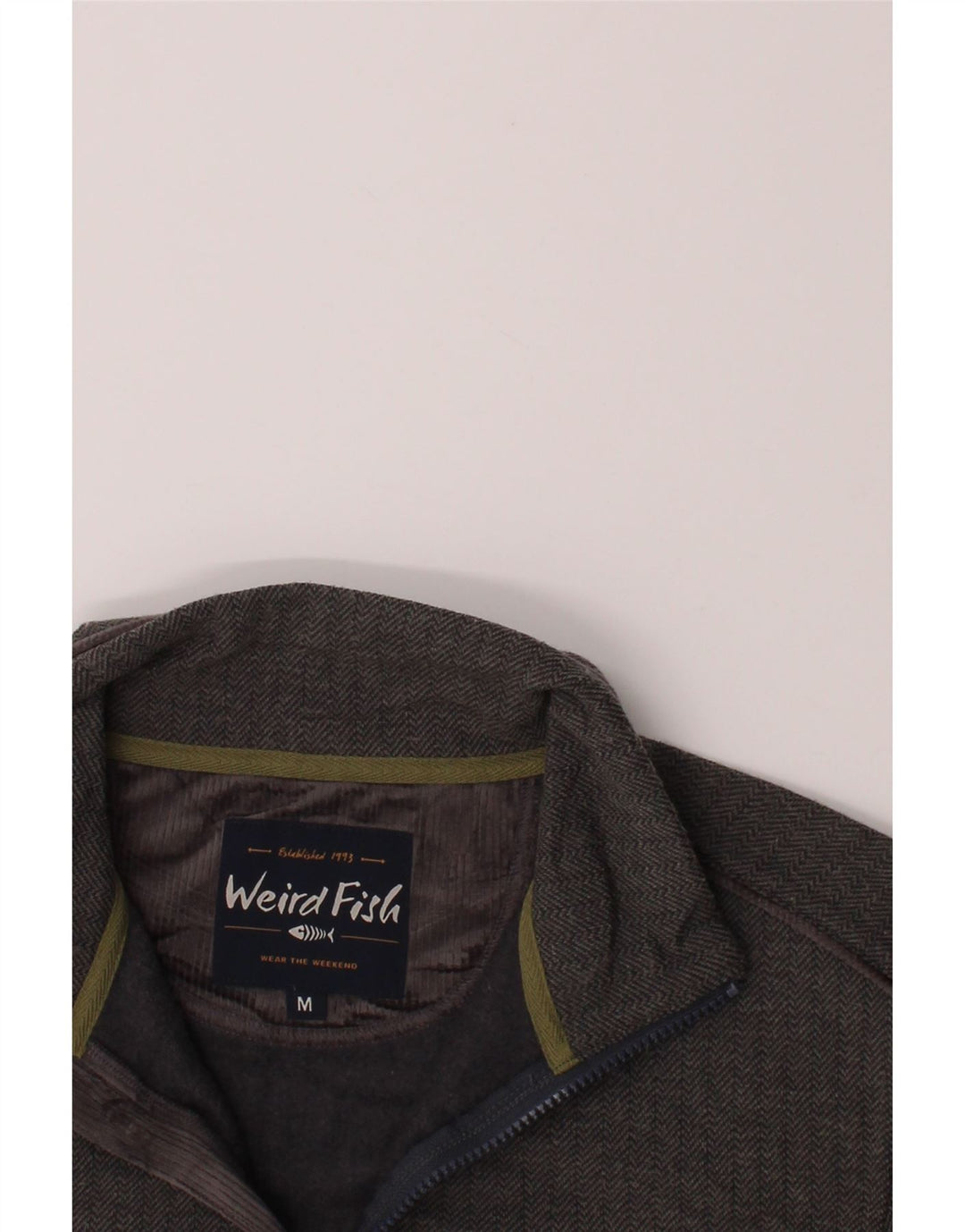 WEIRD FISH Mens Zip Neck Sweatshirt Jumper Medium Grey Herringbone Vintage Weird Fish and Second-Hand Weird Fish from Messina Hembry 