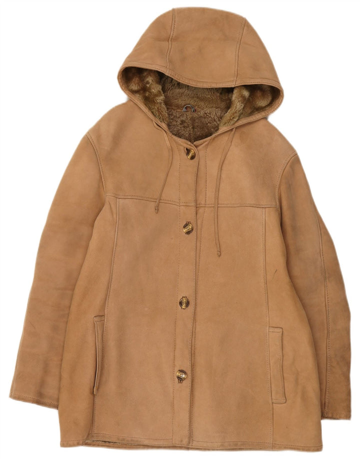 Jaqueta feminina vintage com capuz Shearling UK 12 Médio Bege