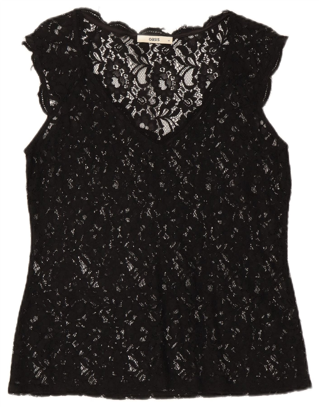 Blusa feminina Oasis de renda transparente Reino Unido 12 médio preto floral