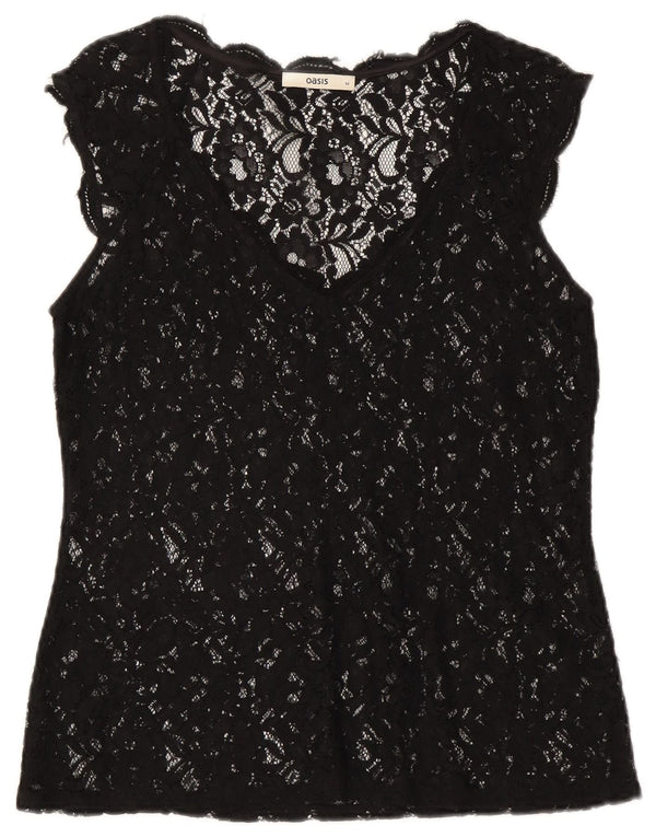 Blusa feminina Oasis de renda transparente Reino Unido 12 médio preto floral