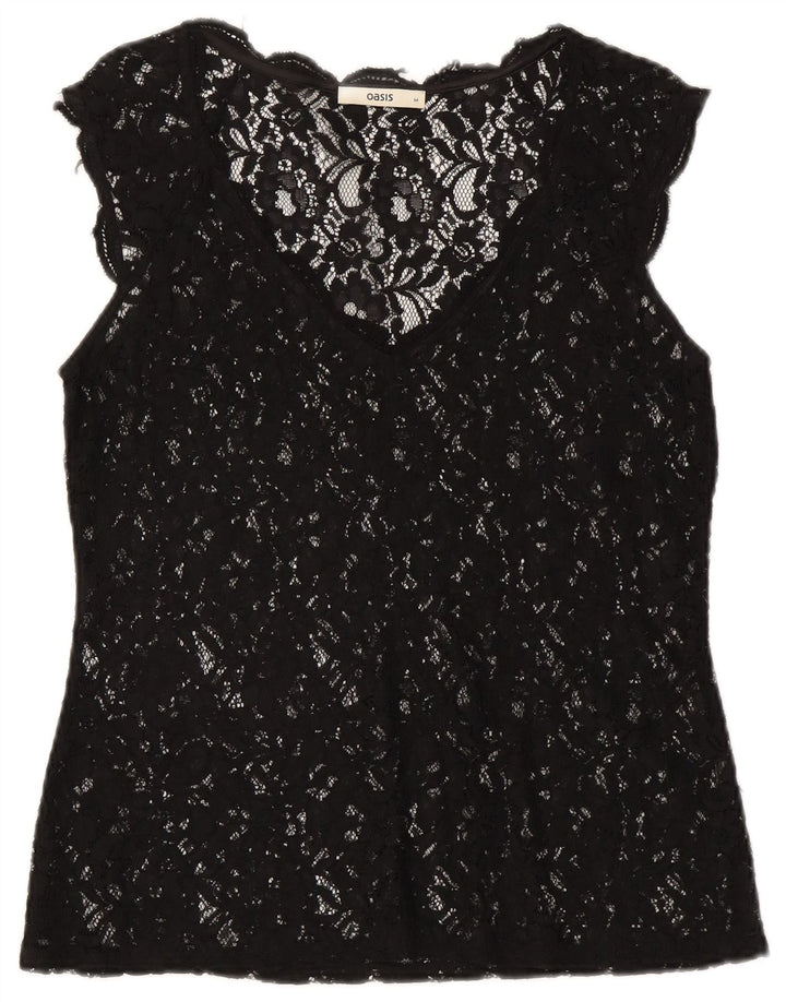 Blusa feminina Oasis de renda transparente Reino Unido 12 médio preto floral
