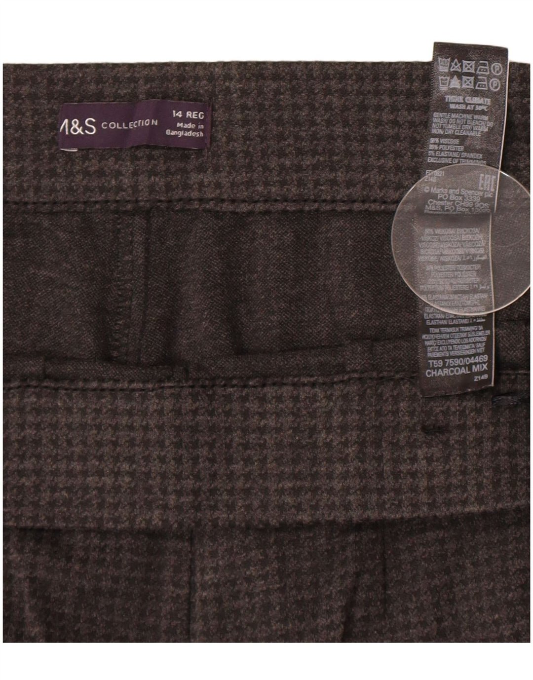 Calça feminina Marks & Spencer UK 14 grande W32 L28 cinza houndstooth