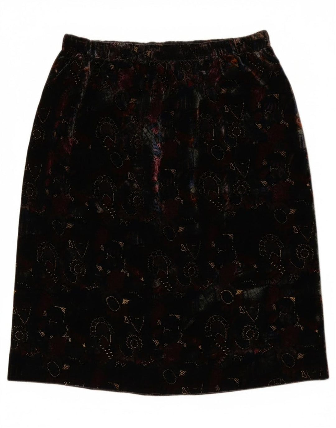 Saia reta de veludo com padrão abstrato feminino vintage W28 preto médio