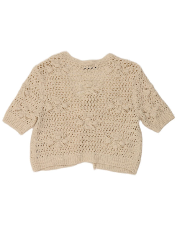 Suéter cardigã feminino Zara crop manga curta Reino Unido 14 médio branco floral