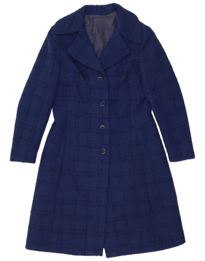 Sobretudo feminino vintage UK 10 pequeno xadrez azul marinho