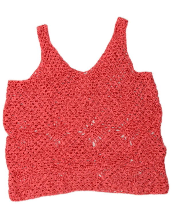 Top feminino vintage transparente de crochê UK 14 médio rosa floral