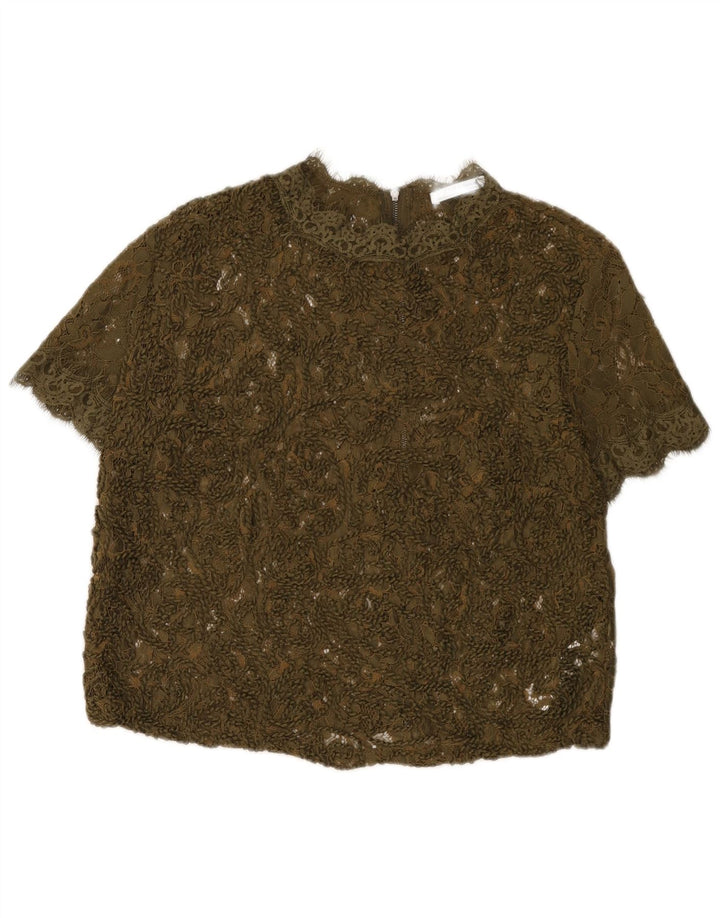 Blusa feminina Zara Trafaluc Crop Top Reino Unido 16 Grande Poliéster Cáqui