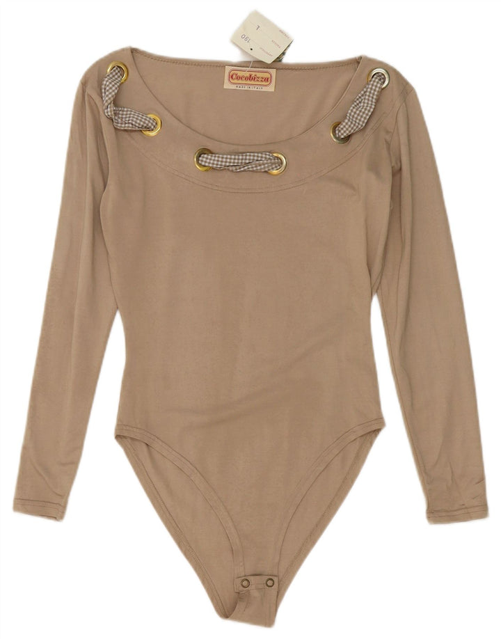 Body feminino vintage de manga comprida UK 14 grande viscose bege