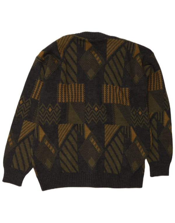 Suéter cardigã masculino vintage grande poliacrílico geométrico cinza