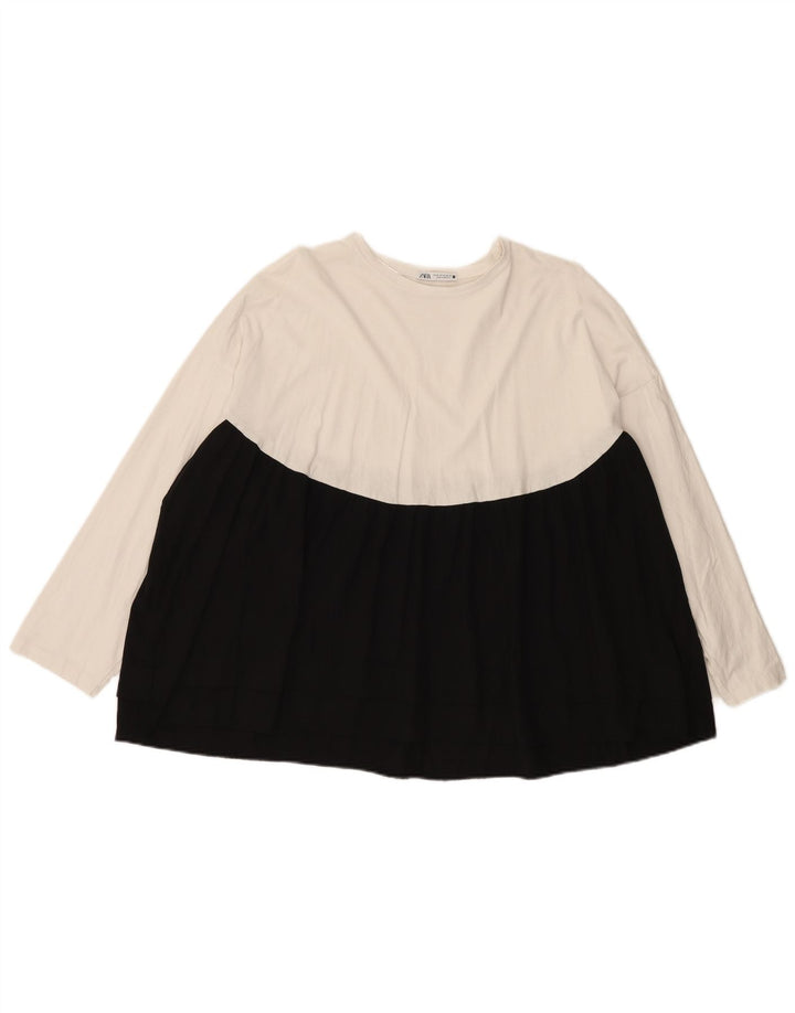 Zara Top feminino oversized manga comprida Reino Unido 14 bloco colorido branco médio
