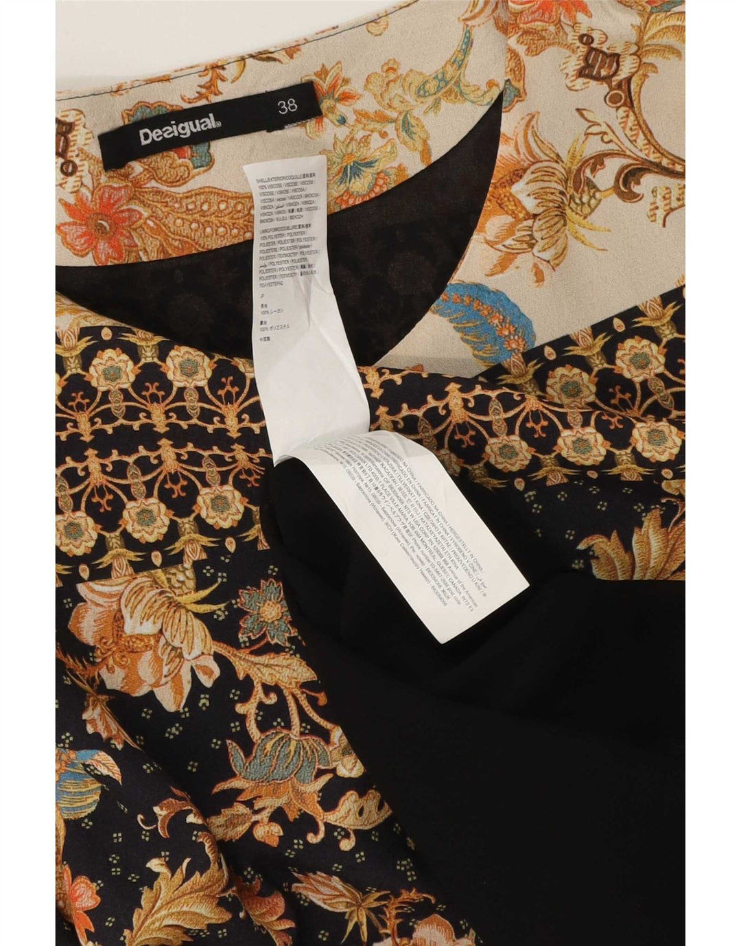 Desigual Vestido feminino manga 3/4 com bainha EU 38 médio floral multicolorido