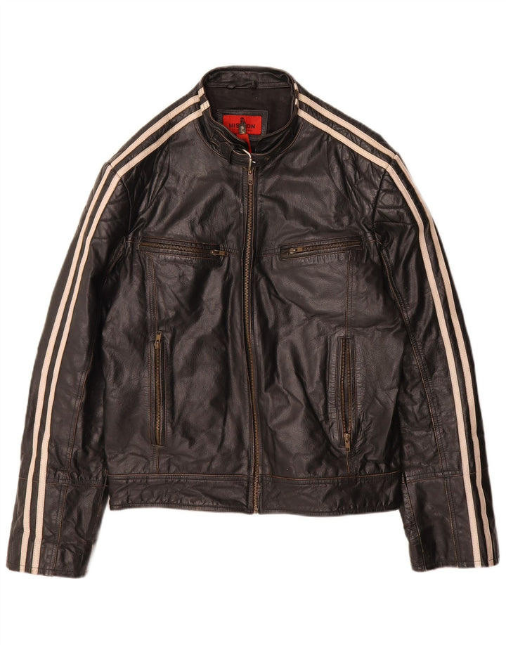 Jaqueta de couro Mission Womens Moto Racer Reino Unido 40 grande couro listrado preto