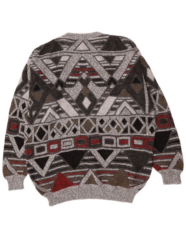 Suéter masculino vintage com gola redonda Reino Unido 38/40 cinza médio geométrico
