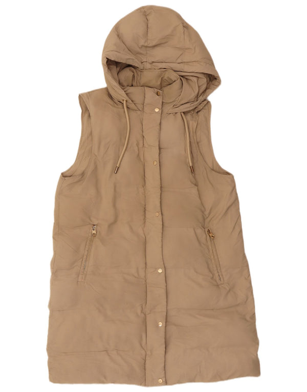 Casaco feminino Zara com capuz sem mangas acolchoado Reino Unido 16 grande poliéster bege