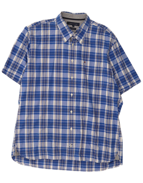 Camisa masculina TOMMY HILFIGER de manga curta com ajuste personalizado XL azul xadrez de algodão