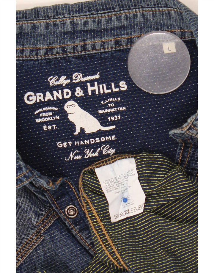 Camisa jeans masculina Grand & Hills grande algodão azul