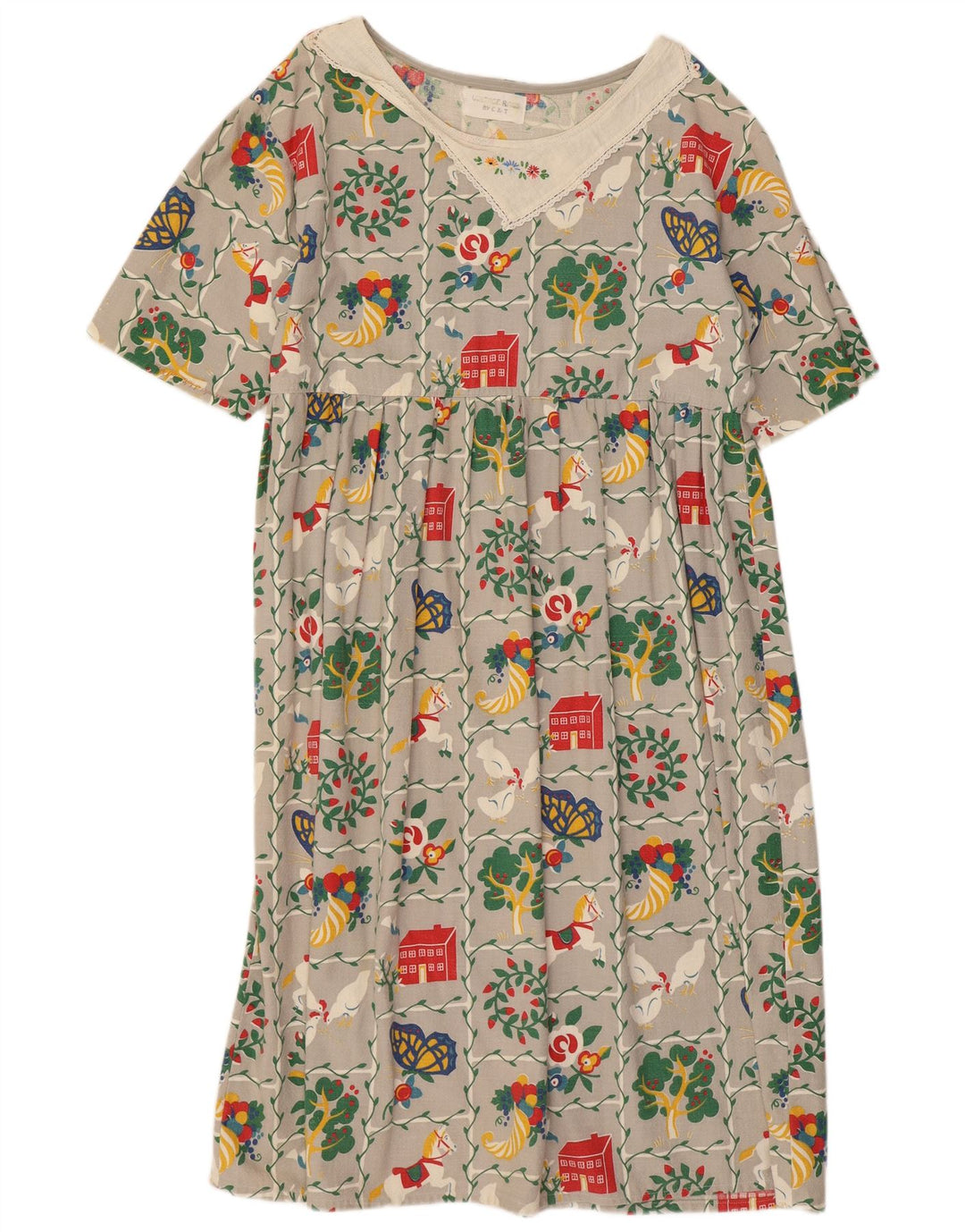 Vestido feminino VINTAGE com estampa gráfica UK 16 grande cinza floral