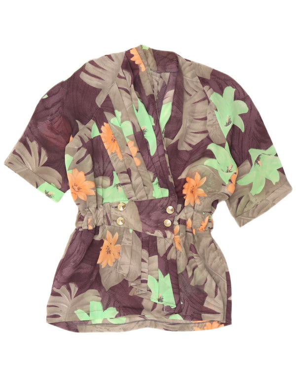 Jaqueta blazer feminina vintage com peito duplo Reino Unido 16 grande cinza floral