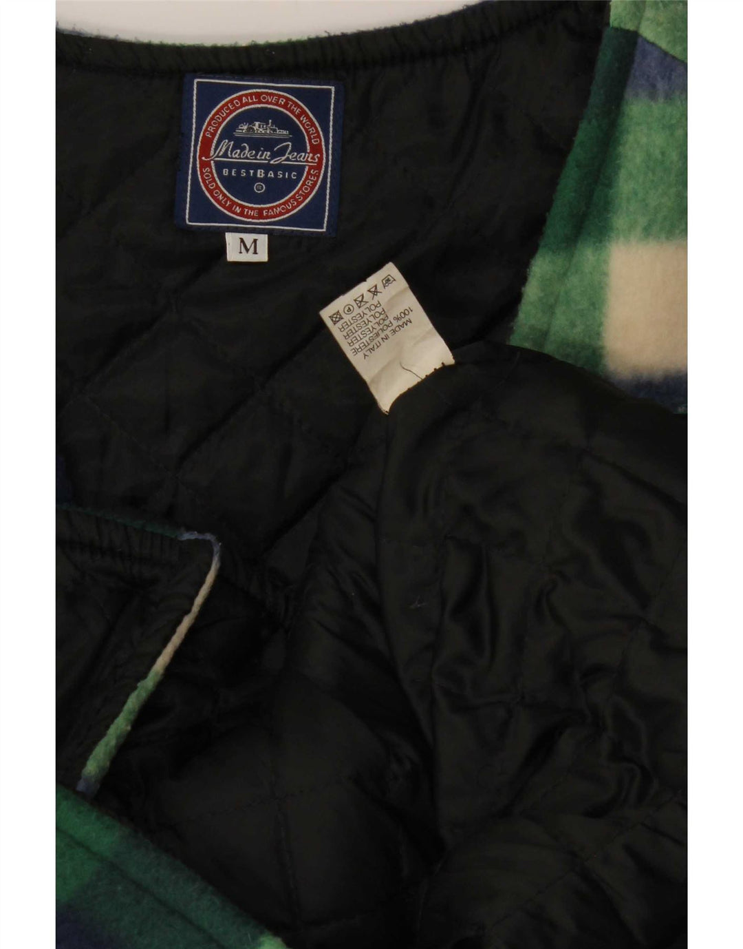 Vintage Mens Fleece Gilet UK 38 Poliéster Gingham Verde Médio
