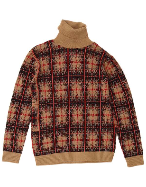 Suéter feminino vintage com gola redonda Reino Unido 18 XL lã xadrez marrom