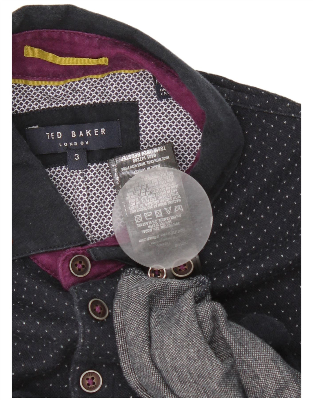 Camisa polo masculina Ted Baker tamanho 3 médio algodão manchado azul marinho