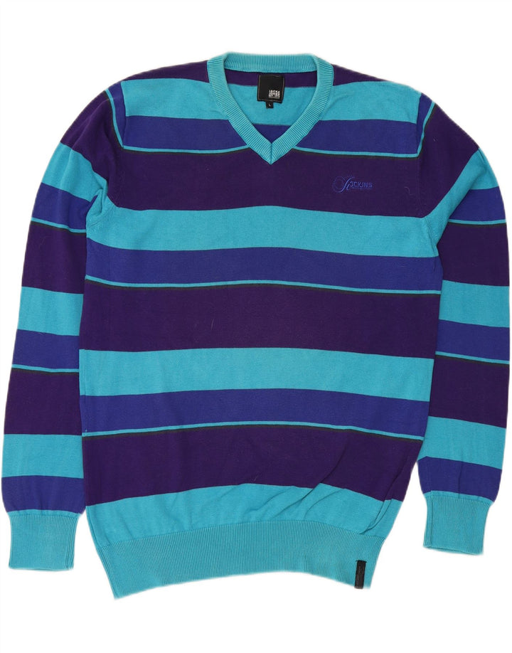 JACK & JONES Mens V-Neck Jumper Sweater Large Blue Striped Cotton Vintage Jack & Jones and Second-Hand Jack & Jones from Messina Hembry 