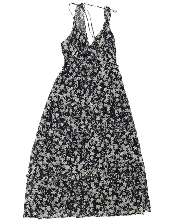 Vestido maxi feminino sem mangas Superdry Reino Unido 10 pequeno azul marinho floral boêmio