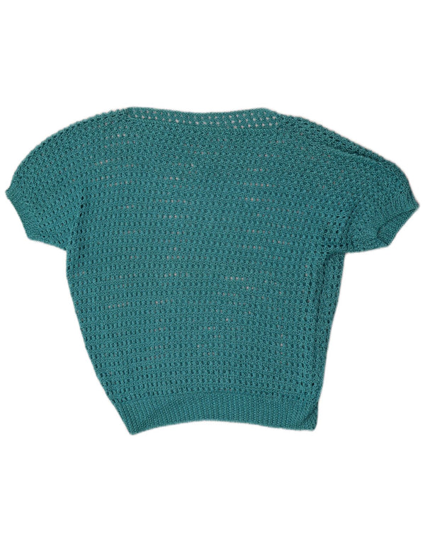 Suéter feminino vintage de manga curta com gola canoa Reino Unido 16 grande azul