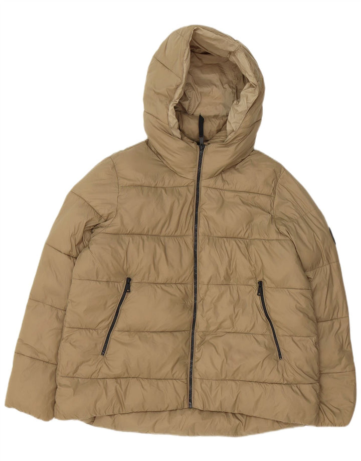 Jaqueta acolchoada com capuz grande Zara para mulher UK 16 grande poliéster bege