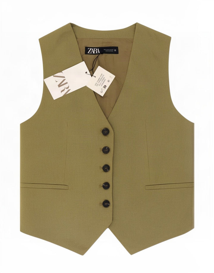 Colete feminino Zara UK 14 linho cáqui médio