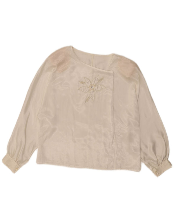 Blusa feminina vintage de manga comprida Top UK 16 grande poliéster floral branco