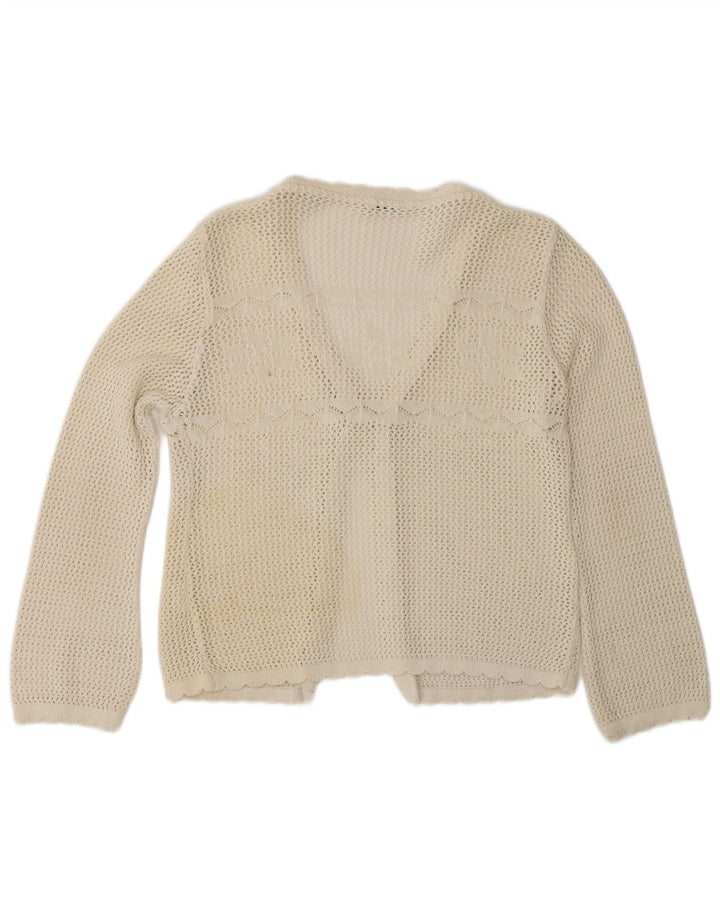 Suéter cardigã de crochê feminino vintage Reino Unido 12 médio branco