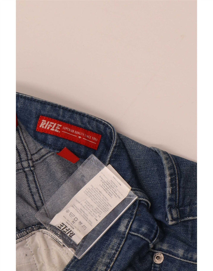 Rifle masculino desgastado jeans slim W32 L34 algodão azul