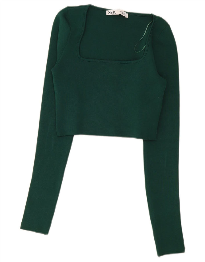 Zara Crop Top Feminino Manga Longa Reino Unido 8 Poliéster Verde Pequeno