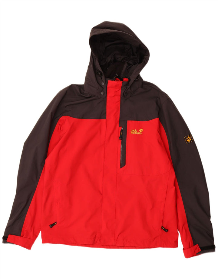Jaqueta de chuva masculina JACK WOLFSKIN com capuz Reino Unido 40/42 grande bloco colorido vermelho
