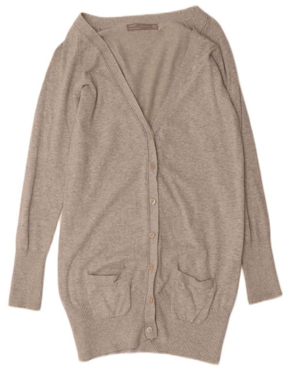 Suéter cardigã feminino Zara Longline Reino Unido 12 algodão manchado cinza médio
