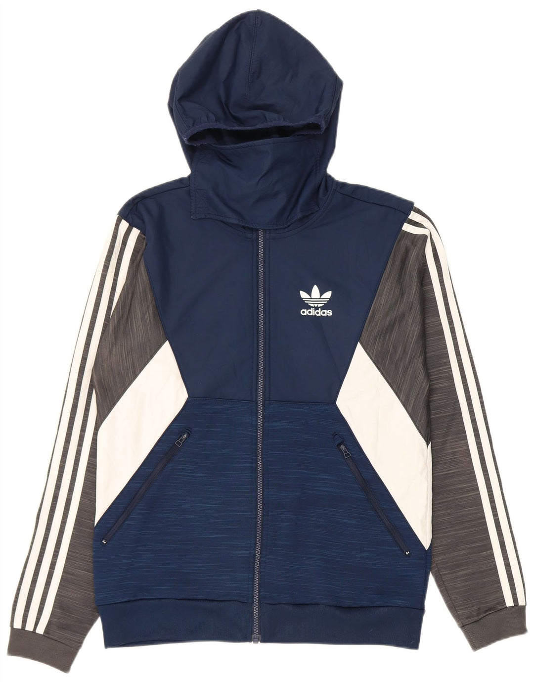 Adidas masculino zip moletom com capuz pequeno azul marinho colorblock poliéster