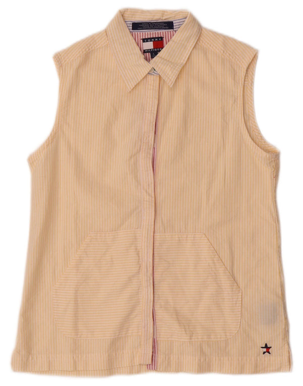 Camisa feminina sem mangas Tommy Hilfiger UK 14 grande algodão listrado amarelo