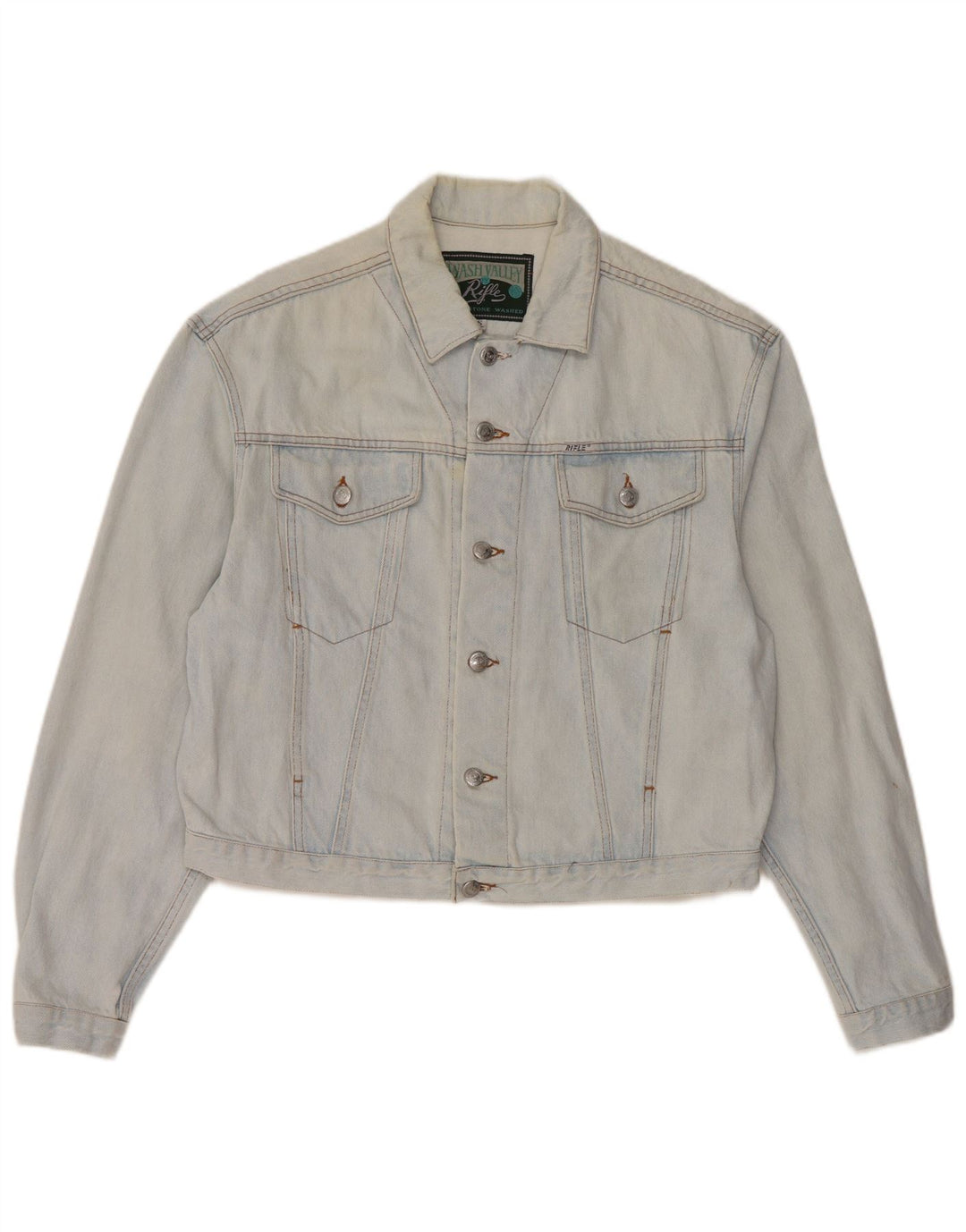 Jaqueta jeans feminina RIFLE de grandes dimensões UK 10 algodão azul pequeno