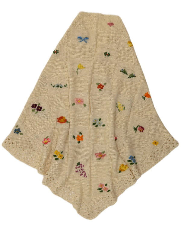 Xale feminino vintage tricotado à mão tamanho único boêmio floral branco