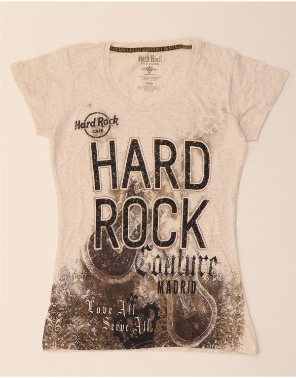 Camiseta feminina Hard Rock Cafe Madrid com estampa gráfica UK 12 médio bege manchado