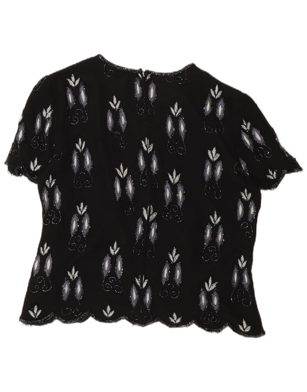 Blusa feminina vintage UK 16 grande viscose preta Paisley