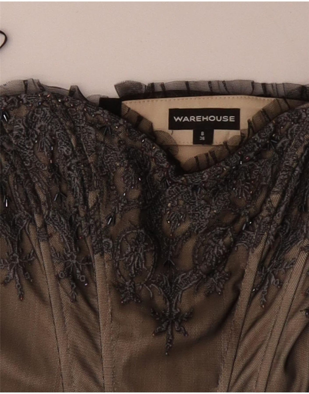 Top espartilho feminino sem ombro WAREHOUSE Reino Unido 8 pequeno poliéster floral bege