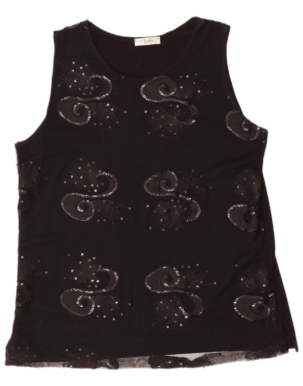 Blusa feminina vintage sem mangas UK 16 grande viscose paisley preta
