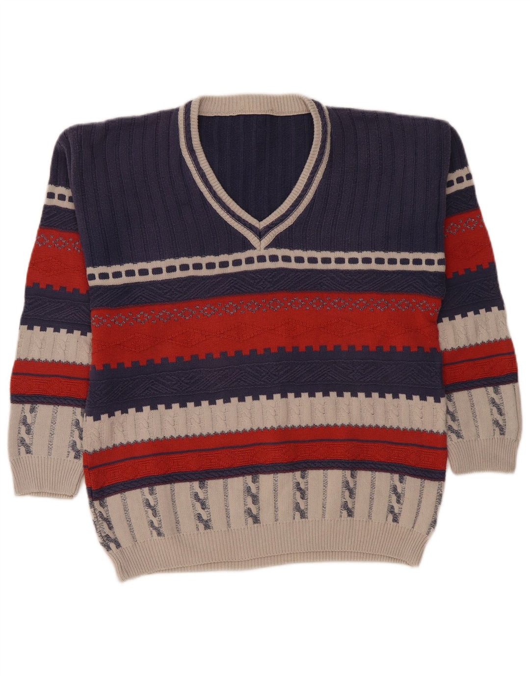 Suéter masculino vintage com decote em V pequeno bloco colorido azul marinho