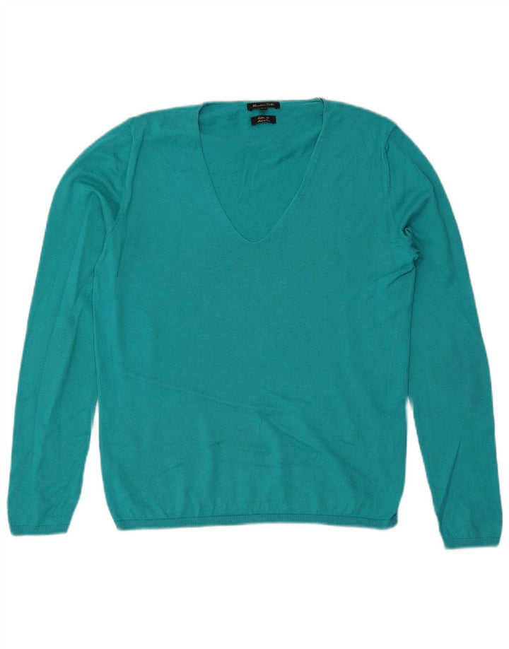Suéter feminino Massimo Dutti com decote em V Reino Unido 12 algodão azul médio