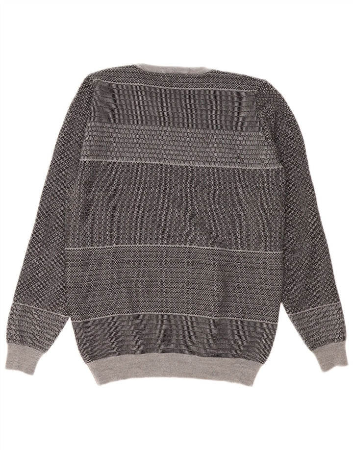 Suéter vintage masculino com gola redonda, lã virgem listrada pequena cinza