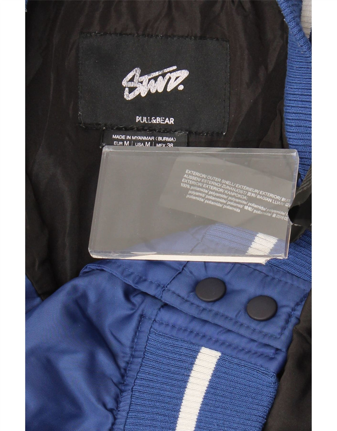 Jaqueta masculina Pull & Bear Boston Varsity Reino Unido 38 bloco colorido azul médio