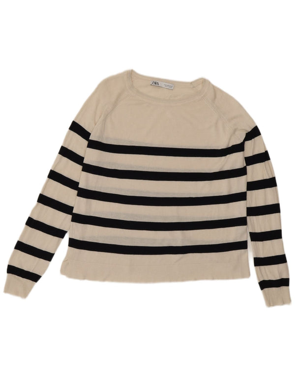 Suéter feminino Zara com gola canoa e viscose listrada branca média UK 14